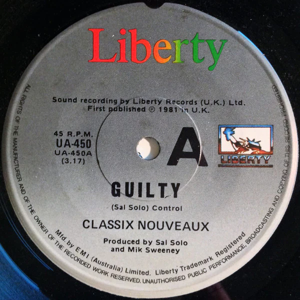 Classix Nouveaux – Guilty (VG+/Generic) – 7", AU 1981