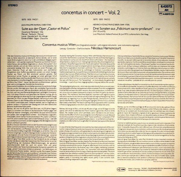 Concentus Musicus Wien, Nikolaus Harnoncourt – Concentus In Concert (Holland Festival - Vol. 2) (E/E) – LP, EU 1979 - Image 2