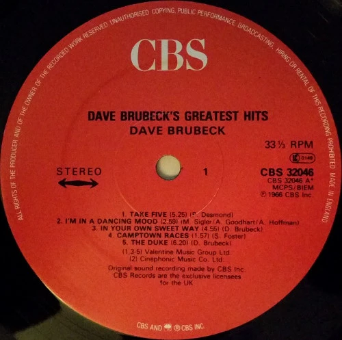 Dave Brubeck – Dave Brubeck's Greatest Hits (VG+/VG+) – LP, UK - Image 3