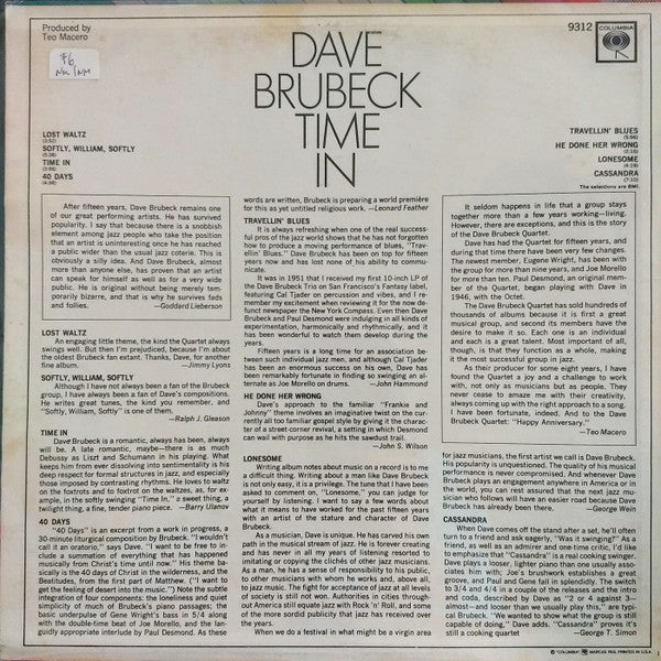 Dave Brubeck – Time In (VG+/VG+) – LP, US - Image 2