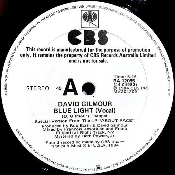 David Gilmour – Blue Light (VG+/VG+) – 12", AU 1984 - Image 3