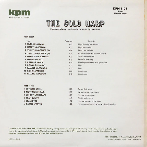 David Snell – The Solo Harp (VG+/VG+) – LP, UK 1972 - Image 2