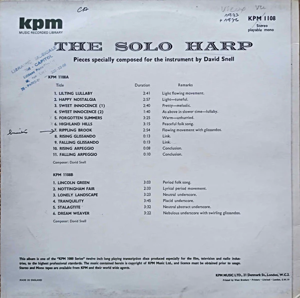 David Snell – The Solo Harp (VG+/VG+) – LP, UK 1972 - Image 5