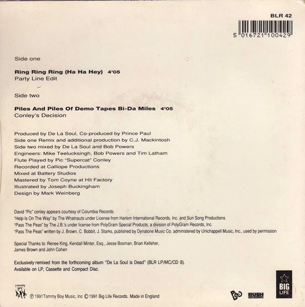 De La Soul – Ring Ring Ring (Ha Ha Hey) (VG/VG+) – 7", UK 1991 - Image 2