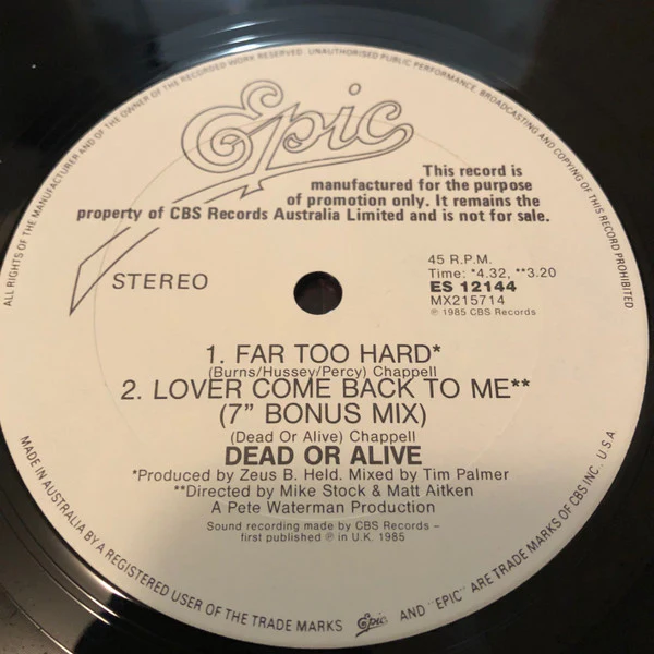 Dead Or Alive – Lover Come Back To Me (VG+/VG+) – 12", AU 1985 - Image 5