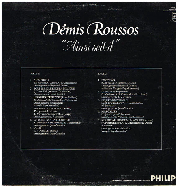 Demis Roussos – "Ainsi Soit-il" (E/VG+) – LP, AU 1978 - Image 2