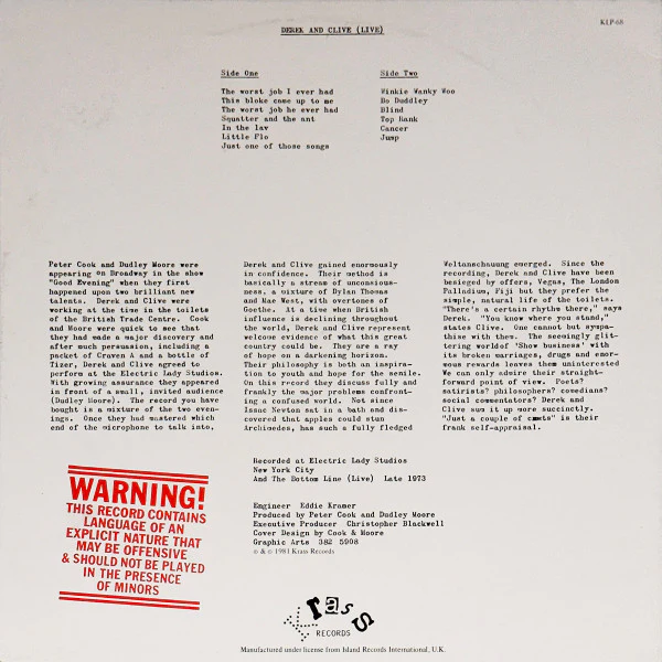 Derek & Clive – (Live) (VG+/VG+) – LP, AU 1981 - Image 2