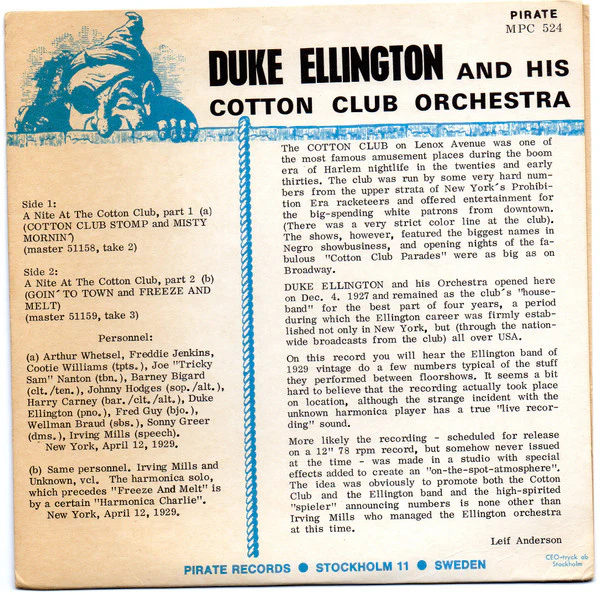 Duke Ellington And His Cotton Club Orchestra – Irving Mills Presents A Night At The Cotton Club (VG/VG+) – 7", SE - Image 2