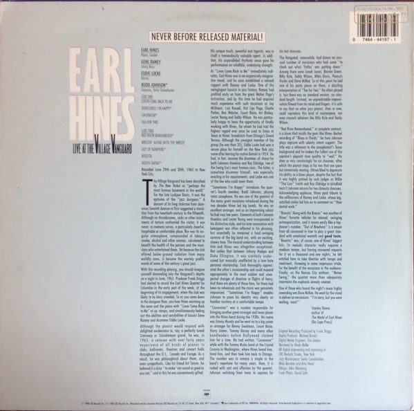 Earl Hines – Live At The Village Vanguard (NM/VG+) – LP, US 1988 - Image 2