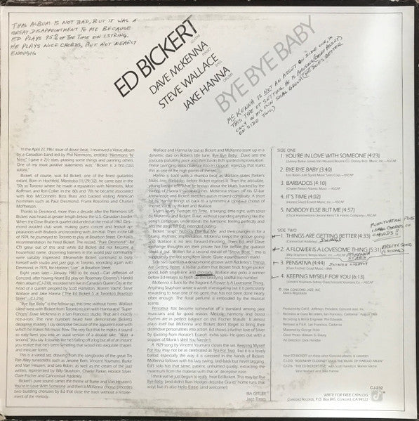 Ed Bickert – Bye Bye Baby (VG+/VG) – LP, US 1984 - Image 2
