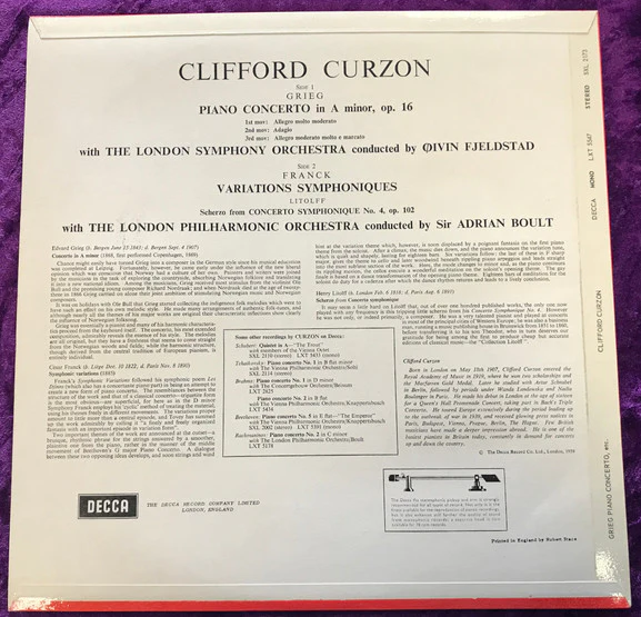 Edvard Grieg, Henry Litolff, César Franck, Clifford Curzon – Piano Concerto / Scherzo / Symphonic Variations (G+/VG) – LP, UK 1961 - Image 2
