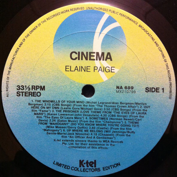 Elaine Paige – Cinema (E/E) – LP, AU 1984 - Image 3