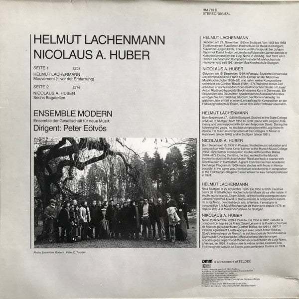 Ensemble Modern, Peter Eötvös, Nicolaus A. Huber, Helmut Lachenmann – Sechs Bagatellen / Mouvement (- Vor Der Erstarrung) (VG+/VG+) – LP, DE 1985 - Image 2