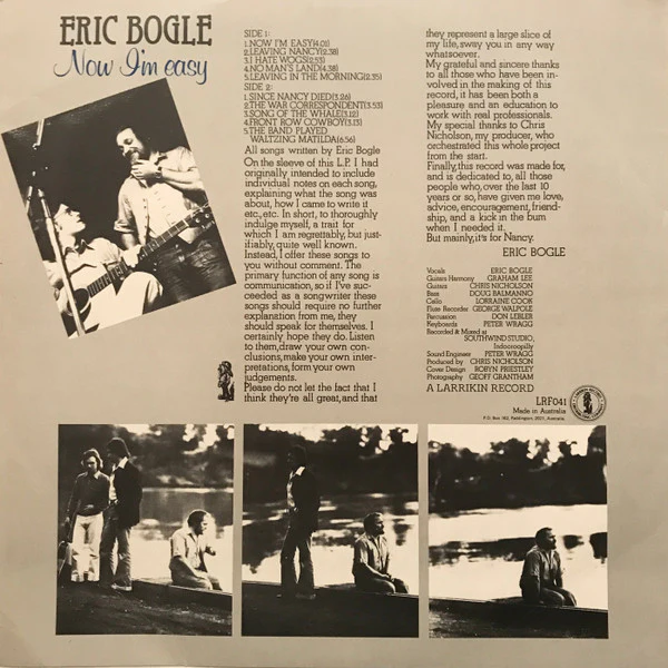 Eric Bogle – Now I'm Easy (E/E) – LP, AU 1980 - Image 2
