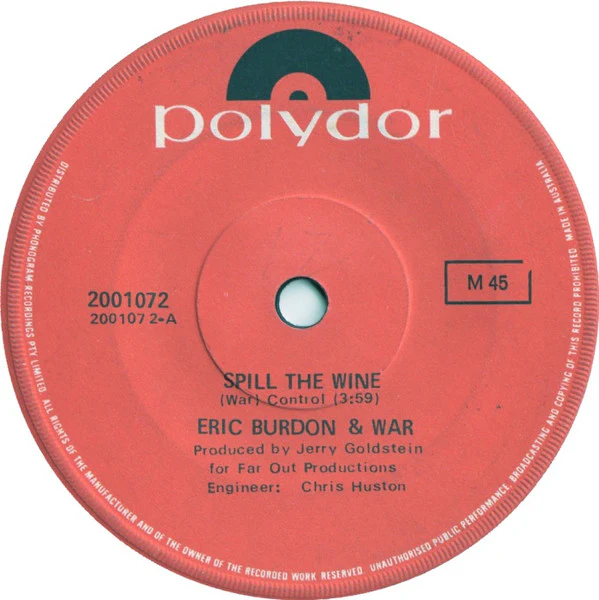 Eric Burdon & War – Spill The Wine (VG/Generic) – 7", AU 1970