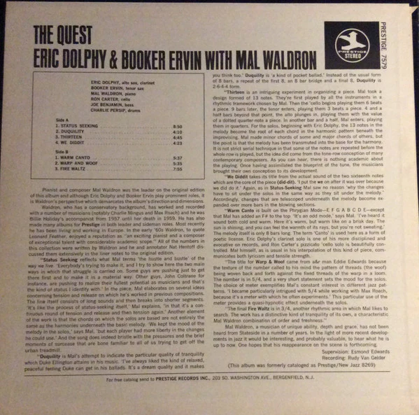 Eric Dolphy, Booker Ervin, The Mal Waldron Sextet – The Quest (VG+/VG+) – LP, US 1969 - Image 2