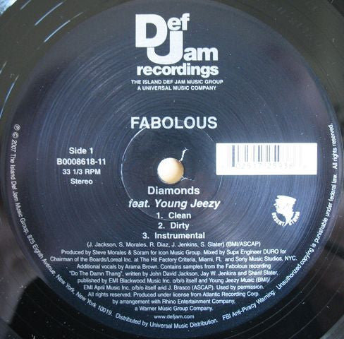 Fabolous – Diamonds / Return Of The Hustle (VG+/Generic) – 12", US 2007 - Image 2