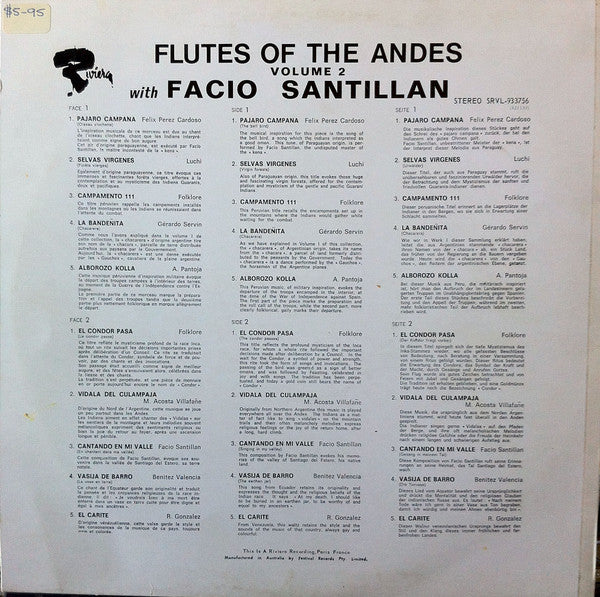Facio Santillan – Flutes Of The Andes Volume 2 (VG+/VG+) – LP, AU - Image 2