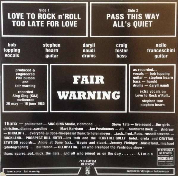Fair Warning – Love To Rock 'n Roll (G+/VG+) – 12", AU 1985 - Image 3