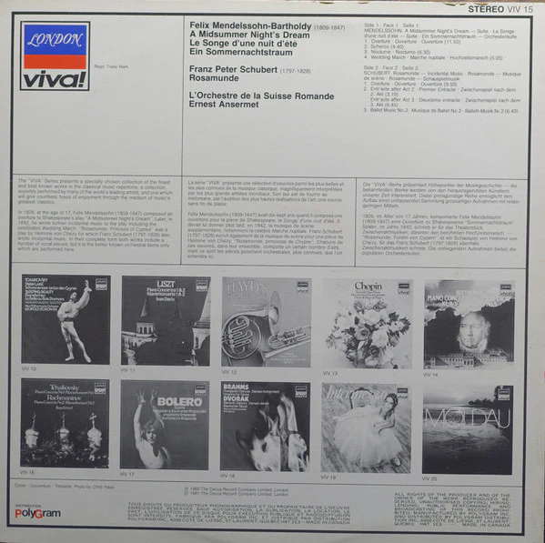 Felix Mendelssohn-Bartholdy, Franz Schubert, Ernest Ansermet, L'Orchestre De La Suisse Romande – A Midsummer Night's Dream / Rosamunde (VG+/VG+) – LP, CA 1981 - Image 2