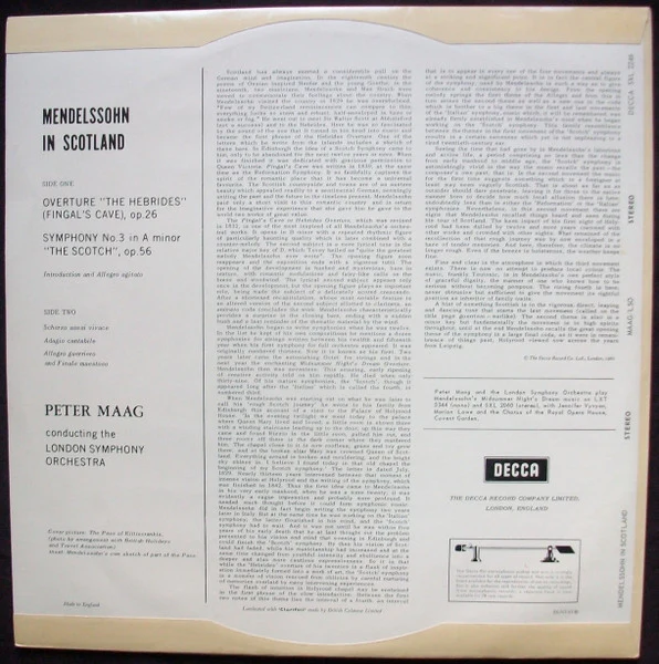 Felix Mendelssohn-Bartholdy, London Symphony Orchestra, Peter Maag – Mendelssohn In Scotland - Symphony No. 3 'Scotch', Fingal's Cave (VG+/VG) – LP, UK 1961 - Image 2