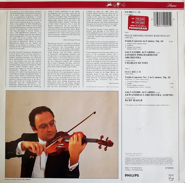 Felix Mendelssohn-Bartholdy, Max Bruch, Salvatore Accardo – Violin Concertos (E/E) – LP, NL - Image 2