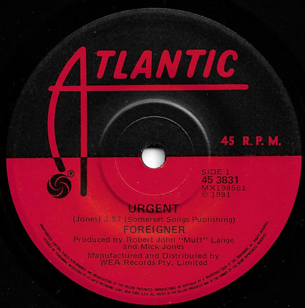 Foreigner – Urgent (VG+/Generic) – 7", AU 1981