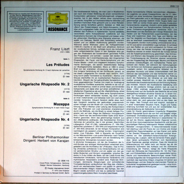 Franz Liszt, Berliner Philharmoniker, Herbert von Karajan – Mazeppa - Les Preludes - Ungarische Rhapsodien Nr.2 & 4 (VG+/VG+) – LP, DE 1975 - Image 2