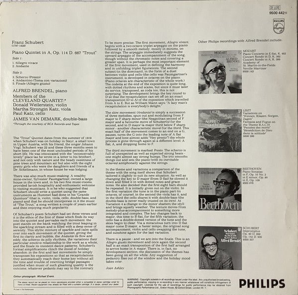 Franz Schubert, Alfred Brendel, Members Of The Cleveland Quartet, James VanDemark – Piano Quintet, Op. 114 "Trout" (VG+/VG+) – LP, NL 1978 - Image 2