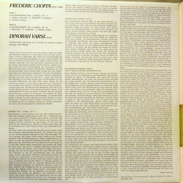 Frédéric Chopin, Dinorah Varsi, Orchestre National De L'Opéra De Monte-Carlo, Jan Krenz – Klavierkonzerte Nr. 1 - 2 (VG+/VG+) – LP, DE 1972 - Image 2