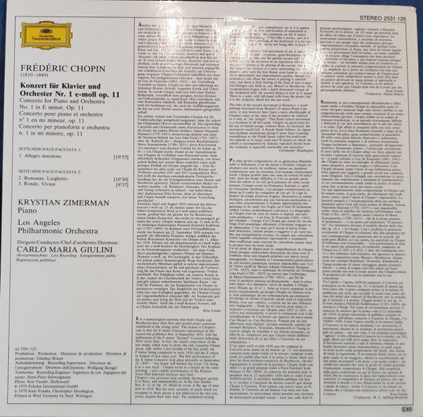 Frédéric Chopin, Krystian Zimerman, Los Angeles Philharmonic Orchestra, Carlo Maria Giulini – Klavierkonzert · Piano Concerto No. 1 (VG+/VG+) – LP, DE 1979 - Image 2