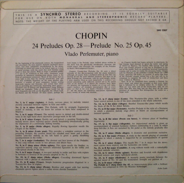 Frédéric Chopin, Vlado Perlemuter – 24 Preludes Op. 28 - Prelude No. 25 No. 45 (VG/VG+) – LP, AU - Image 2