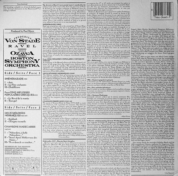 Frederica Von Stade, Seiji Ozawa, Boston Symphony Orchestra, Maurice Ravel – Schéhérazade / Chansons Madécasses / Mélodies Populaires Grecques / Mélodies Hébraïques (E/VG+) – LP, US 1981 - Image 2