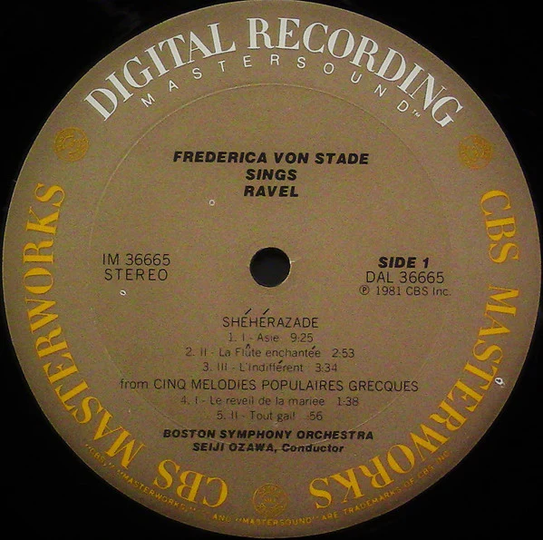Frederica Von Stade, Seiji Ozawa, Boston Symphony Orchestra, Maurice Ravel – Schéhérazade / Chansons Madécasses / Mélodies Populaires Grecques / Mélodies Hébraïques (E/VG+) – LP, US 1981 - Image 3