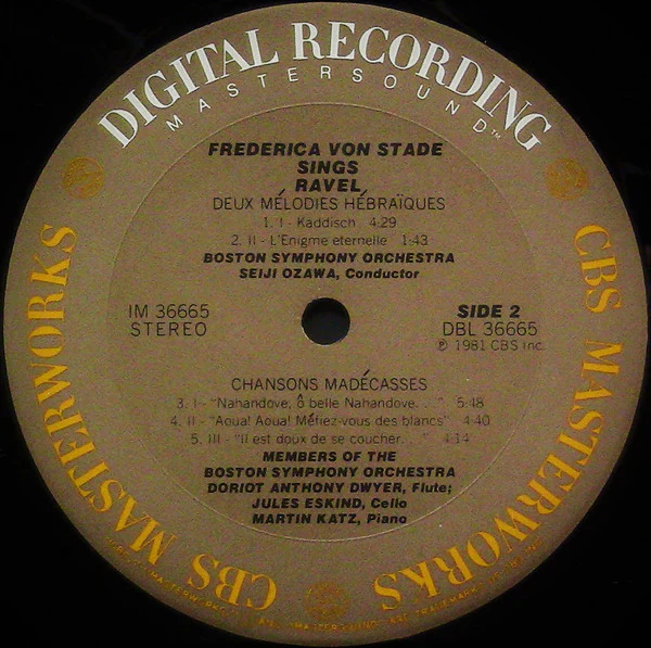Frederica Von Stade, Seiji Ozawa, Boston Symphony Orchestra, Maurice Ravel – Schéhérazade / Chansons Madécasses / Mélodies Populaires Grecques / Mélodies Hébraïques (E/VG+) – LP, US 1981 - Image 4