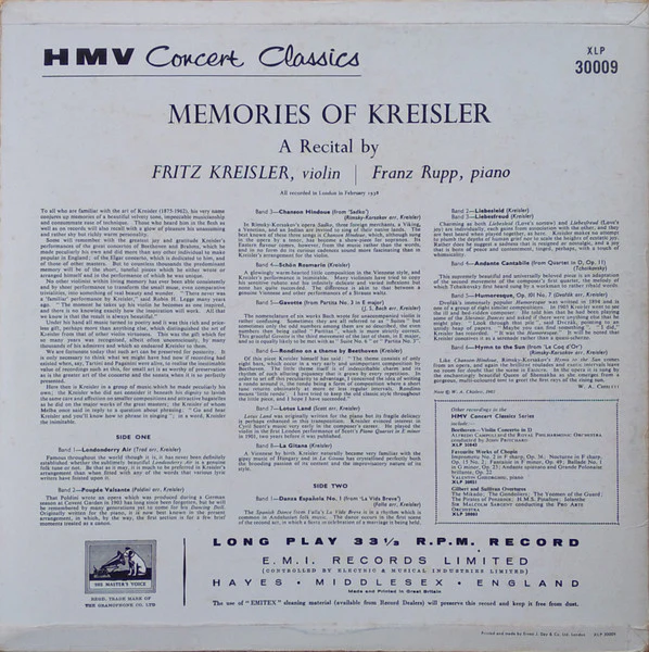 Fritz Kreisler – Memories Of Kreisler (VG+/VG+) – LP, AU 1962 - Image 2