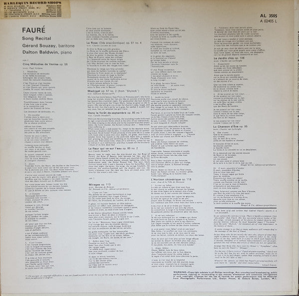 Gabriel Fauré, Gérard Souzay, Dalton Baldwin – Mandoline And Other Songs (E/VG+) – LP, UK 1965 - Image 2