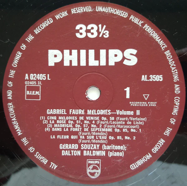Gabriel Fauré, Gérard Souzay, Dalton Baldwin – Mandoline And Other Songs (E/VG+) – LP, UK 1965 - Image 3