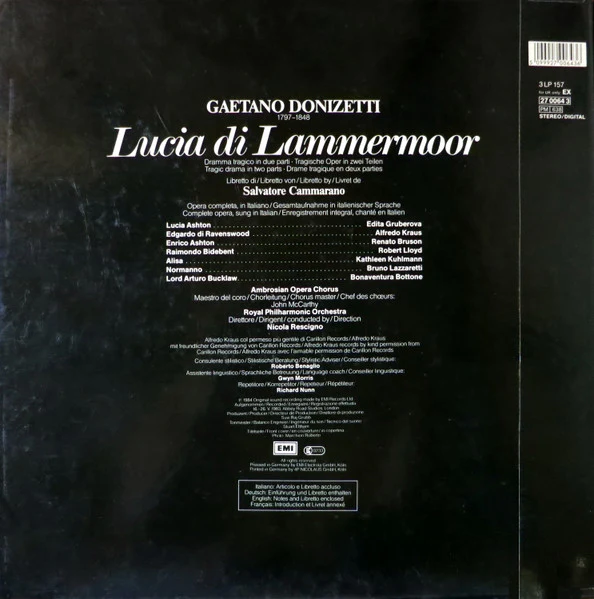 Gaetano Donizetti, Edita Gruberova, Alfredo Kraus, Renato Bruson, Robert Lloyd, The Ambrosian Opera Chorus, Royal Philharmonic Orchestra, Nicola Rescigno – Lucia Di Lammermoor (E/VG+) – 3xLP, DE 1984 - Image 2