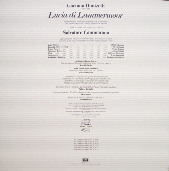 Gaetano Donizetti, Edita Gruberova, Alfredo Kraus, Renato Bruson, Robert Lloyd, The Ambrosian Opera Chorus, Royal Philharmonic Orchestra, Nicola Rescigno – Lucia Di Lammermoor (E/VG+) – 3xLP, DE 1984 - Image 5