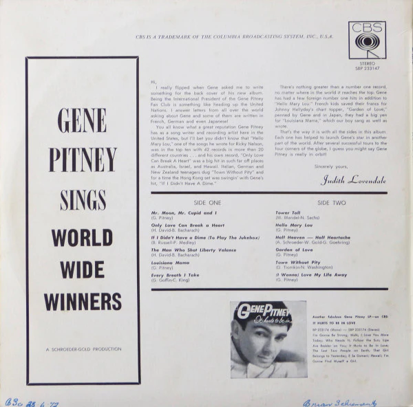 Gene Pitney – Sings World-Wide Winners (VG/VG+) – LP, AU - Image 2
