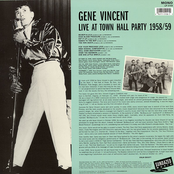 Gene Vincent – Live At Town Hall Party 1958/59 (VG+/VG+) – LP, US 2005 - Image 2