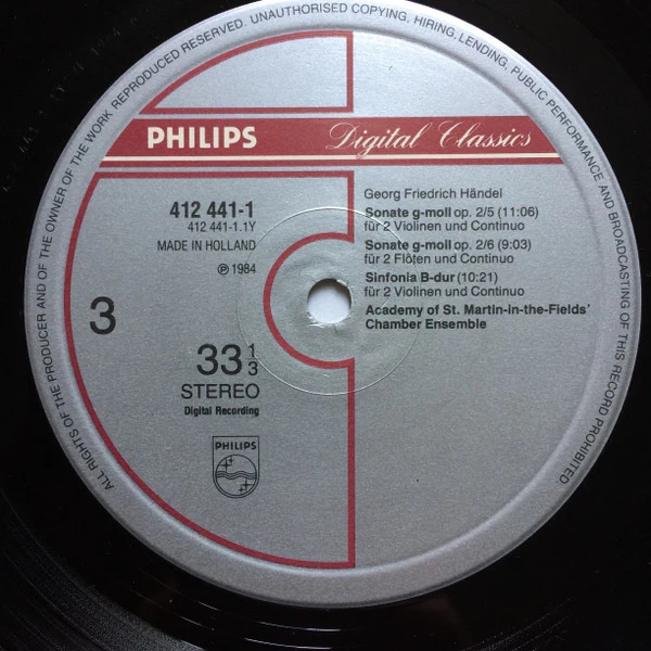 Georg Friedrich Händel, Academy Of St. Martin-in-the-Fields Chamber Ensemble – The Trio Sonatas (VG+/VG+) – 4xLP, NL 1985 - Image 4