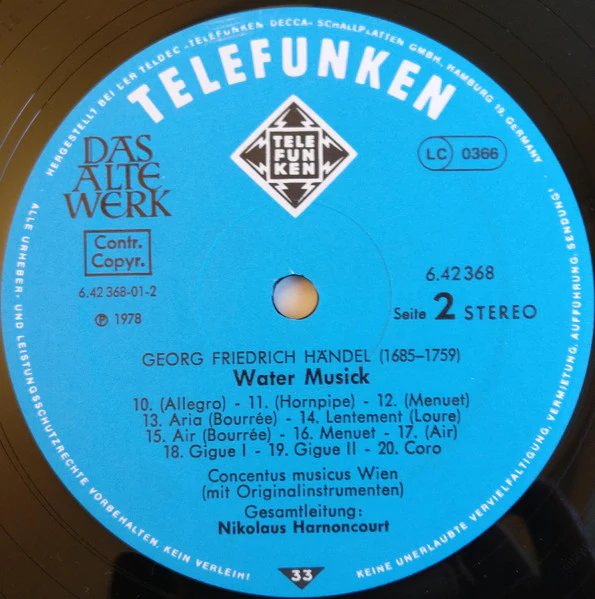 Georg Friedrich Händel, Concentus Musicus Wien, Nikolaus Harnoncourt – Water Musick (E/VG+) – LP, EU 1978 - Image 6