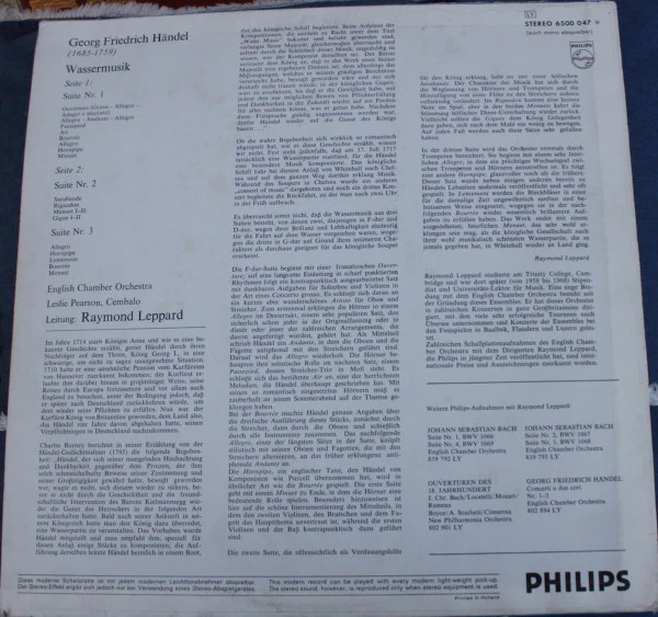 Georg Friedrich Händel, English Chamber Orchestra, Raymond Leppard – Wassermusik (VG+/VG+) – LP, NL 1970 - Image 2