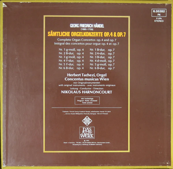 Georg Friedrich Händel, Herbert Tachezi, Nikolaus Harnoncourt, Concentus Musicus Wien – Sämtliche Orgelkonzerte Op.4 & Op.7 (E/VG+) – 3xLP, EU 1975 - Image 2