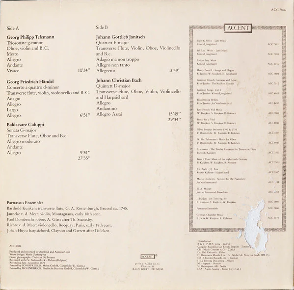 Georg Philipp Telemann, Georg Friedrich Händel, Baldassare Galuppi, Johann Gottlieb Janitsch, Johann Christian Bach, Parnassus Ensemble – Parnassus Ensemble (NM/VG+) – LP, BE 1979 - Image 2