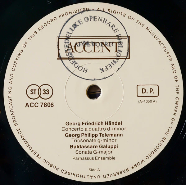 Georg Philipp Telemann, Georg Friedrich Händel, Baldassare Galuppi, Johann Gottlieb Janitsch, Johann Christian Bach, Parnassus Ensemble – Parnassus Ensemble (NM/VG+) – LP, BE 1979 - Image 5