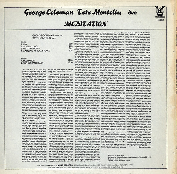George Coleman - Tete Montoliu Duo – Meditation (VG+/VG) – LP, US 1979 - Image 2