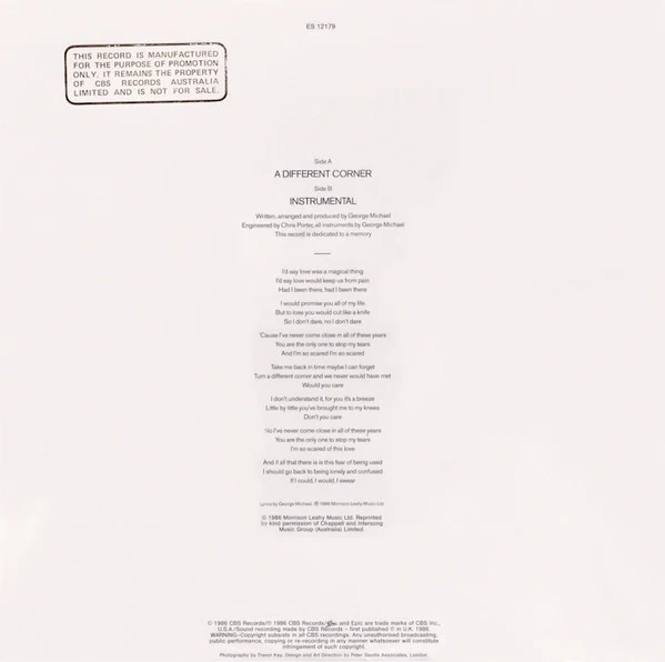George Michael – A Different Corner (VG+/E) – 12", AU 1986 - Image 2